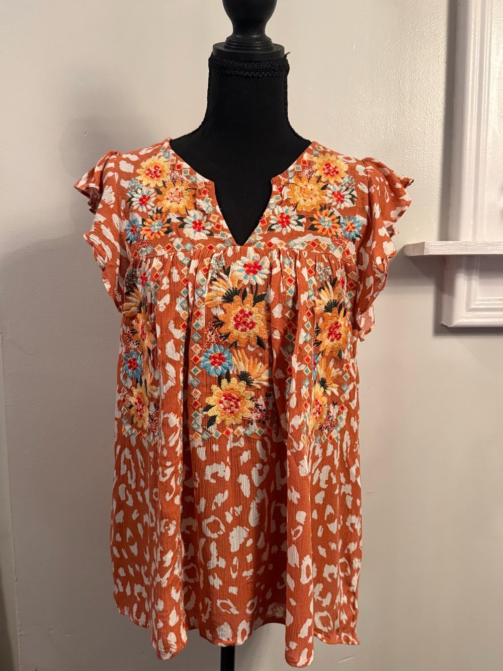 Savanna Jane Rust Orange Floral Embroidered Flutter Sleeve Top